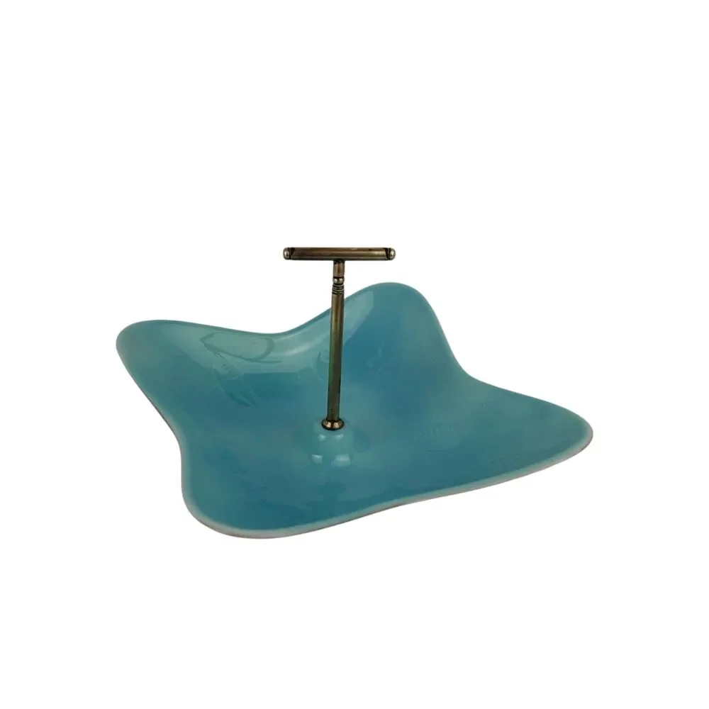 California USA Pottery Turquoise Candy Nut Dish Brass Handle 1950's Vtg Atomic